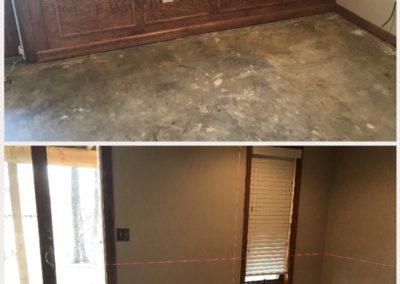 Before photos of a basement with flooring uprooted