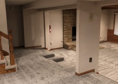 Before photos of a basement with gray carpet