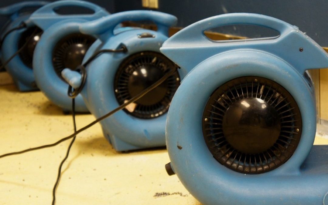 Four blue leafblowers plugged in on the ground of an industrial building