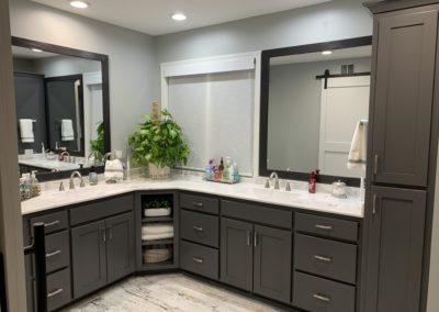 Gray cabinets installed by MAC in Kansas City with white marble countertop